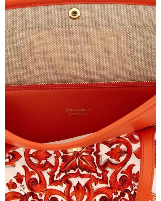 Dolce & Gabbana Orange Atene Shoulder Shopping Bag Ornate Pattern Dual Handles