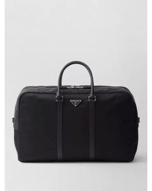 Prada Black Re Nylon Saffiano Leather Travel Duffel Bag for men