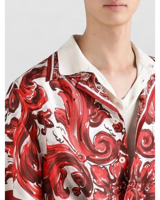 Dolce & Gabbana Red Maiolica Print Short Sleeve Shirt Pocket for men