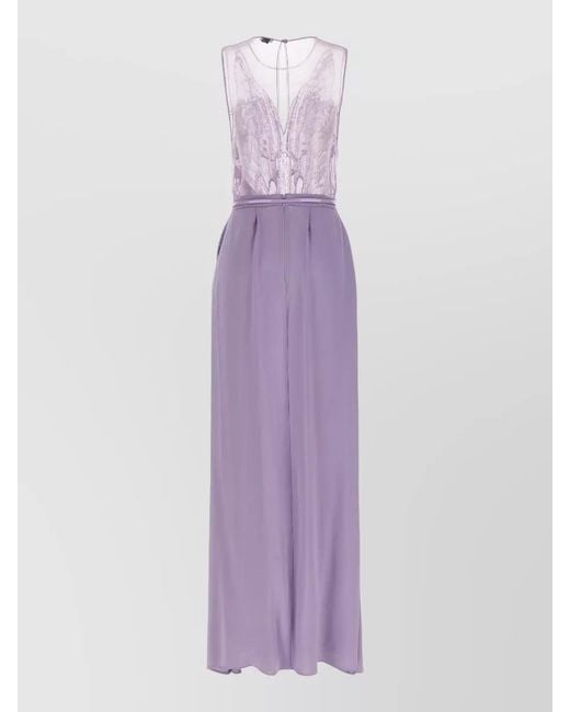 Elisabetta Franchi Purple Sleeveless Pleated Dress Sheer Bodice Belt