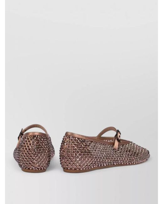 Le Silla Brown Satin Crystal Embellished Mesh Ballerina Shoes
