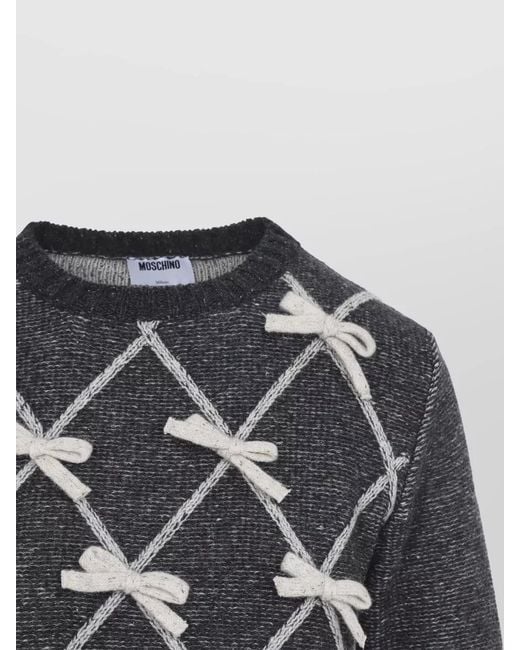Moschino Gray Ribbon Lattice Bow Crew Knit Sweater