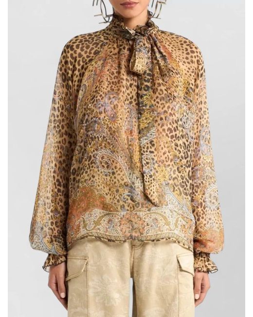 Etro Brown Silk Chiffon Paisley Animal-Print Blouse