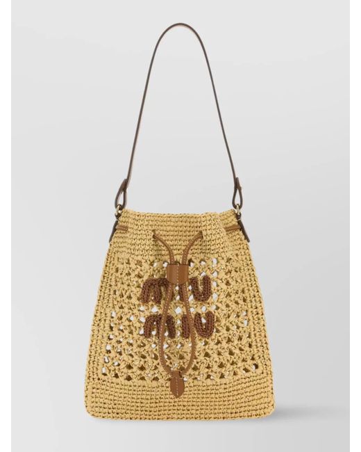 Miu Miu Metallic Crystal Embellished Woven Raffia Shoulder Bag