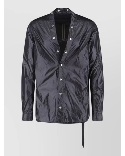 Rick Owens Black Collarless Long Sleeve Jacket Shiny Strap for men