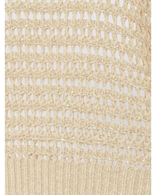 Brunello Cucinelli Natural Crew Neck Long Sleeve Open Knit Top