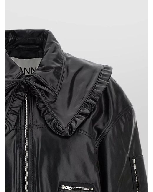 Ganni Black Future 7093 Bomber Jacket Ribbed Hem