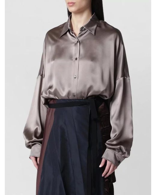 Dries Van Noten Gray Satin Collared Top Dropped Shoulders Long Sleeves