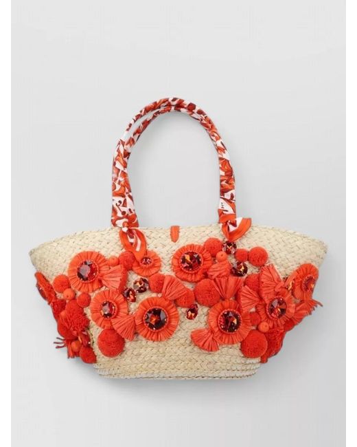 Dolce & Gabbana Red Straw Beach Tote Floral Accents Wrapped Handles