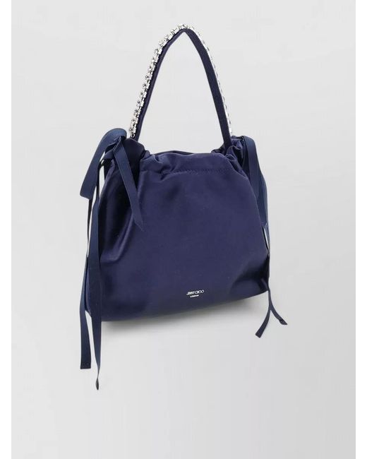 Jimmy Choo Blue Satin Shoulder Bag Leather Handle Rhinestones