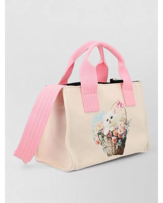 MSGM Pink Tote Bag Rectangular Shape Top Handles Print
