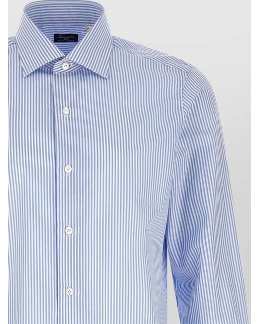 Finamore 1925 Blue Napoli Striped Shirt Button Collar for men