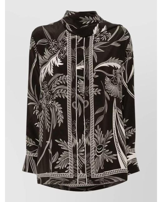 F.R.S For Restless Sleepers Black Silk Botanical-Print Long-Sleeve Blouse