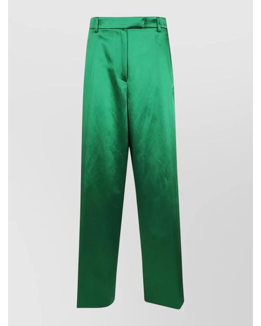Dries Van Noten Green High Waist Straight Leg Satin Trousers