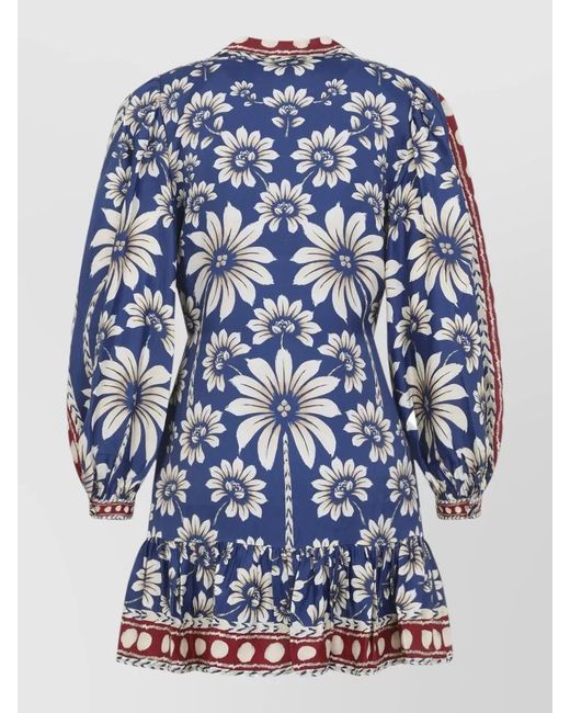 Farm Rio Blue Floral Mini Dress Long Sleeves Ruffle Hem