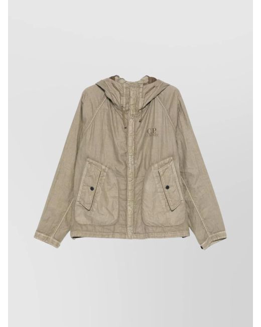 C P Company Natural Linen Jacket With Buttoned Hood And Drawstring for men