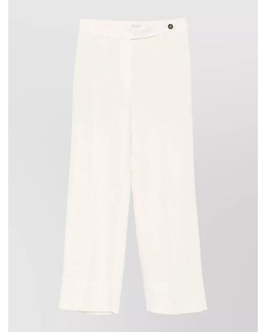 Brunello Cucinelli White Viscose Linen Cigarette Trousers Monili Detail