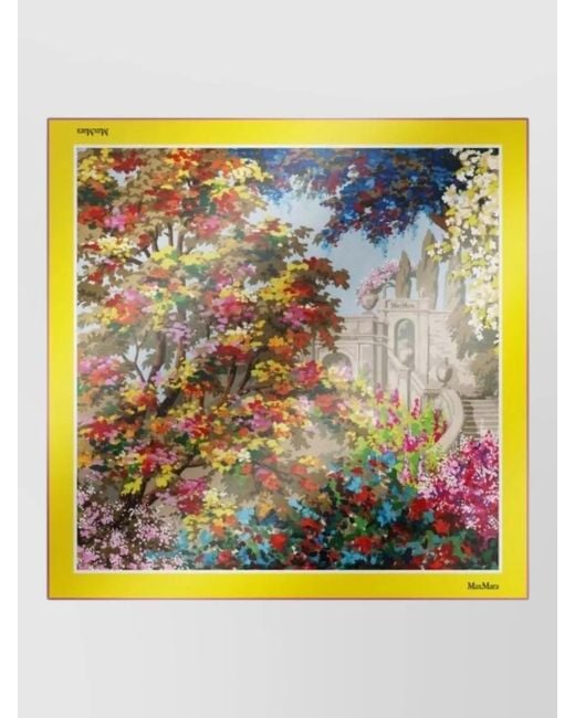 Max Mara Yellow Square Scarf Floral Motif Rolled Edges