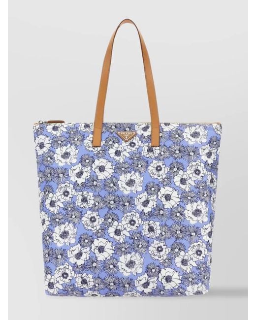 Prada Blue Flower Pattern Nylon Tote Bag for men