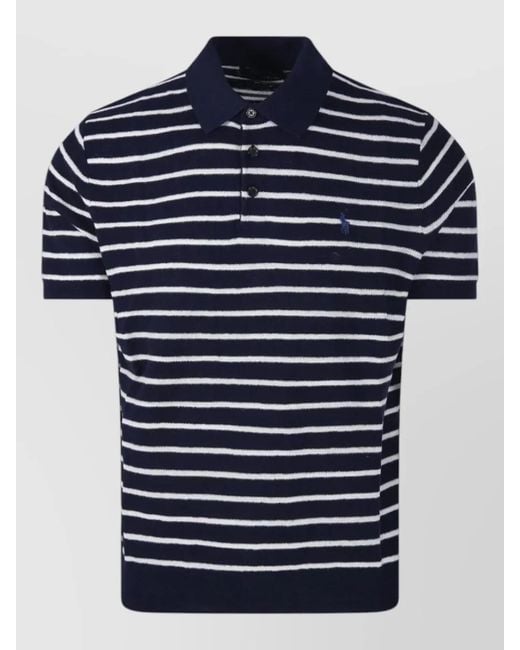 Ralph Lauren Blue Polo Shirt Short Sleeves Striped Ribbed Collar for men