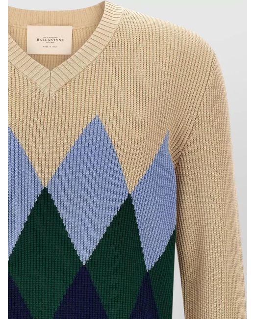 Ballantyne Blue Argyle Motif Sweater Long Sleeves V Neck for men