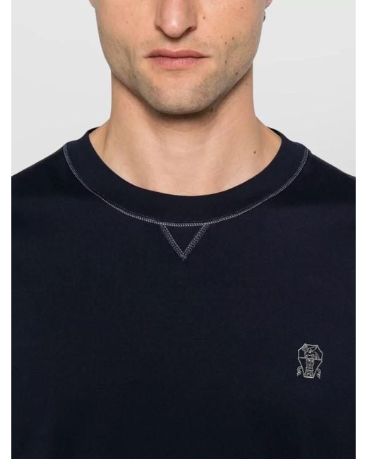 Brunello Cucinelli Blue Cotton Logo-Embroidered Crew-Neck T-Shirt for men