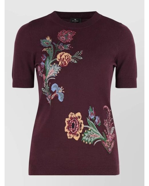 Etro Purple Crew Neck Floral Wool Blend Knit Top