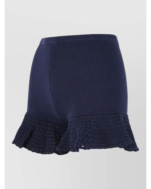 Self-Portrait Blue Viscose Blend Shorts Elastic Waist Ruffled Hem