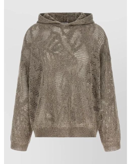 Brunello Cucinelli Gray Hooded Floral Openwork Knit Sweater