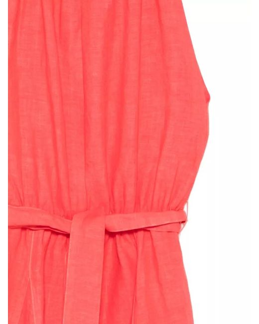 120% Lino Red Linen Dress Belted Waist Bow Detail