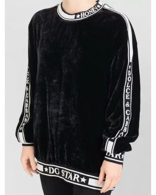 Dolce & Gabbana Black Velvet Crewneck Pullover Sweater Relaxed Fit