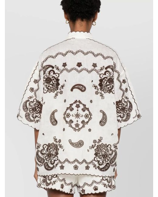 Zimmermann White Embroidered Linen Mock Neck Short-Sleeve Shirt