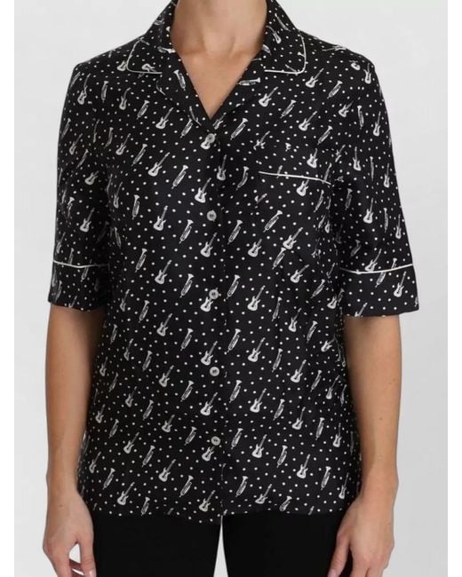 Dolce & Gabbana Black Guitar Trumpet Print Silk Lounge Shirt
