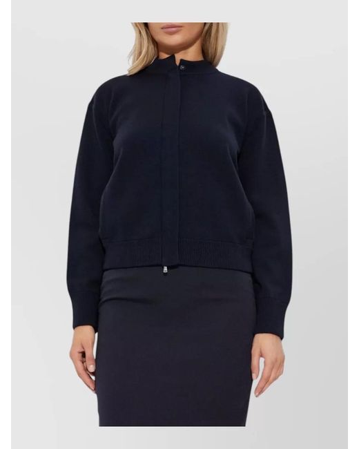 Max Mara Blue Wool Cropped Ribbed High Neck Cardigan