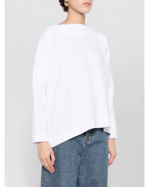 Daniela Gregis White Cotton Boat Neck Long Sleeve Asymmetric Hem Sweater