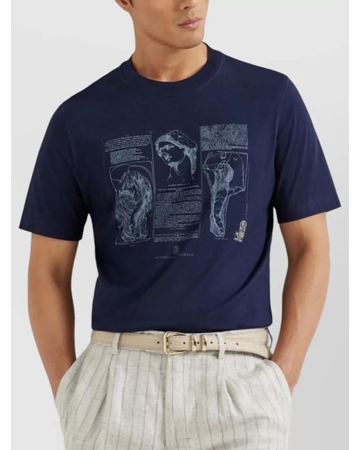 Brunello Cucinelli Blue Cotton Regular-Fit Graphic-Print Crew-Neck T-Shirt for men
