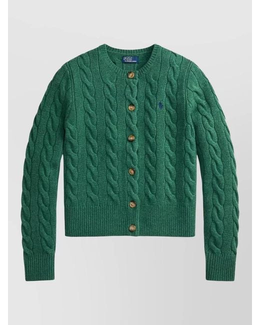 Polo Ralph Lauren Green Cable Knit Cardigan Sweater Ribbed Trims