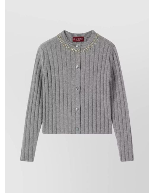 Gucci Gray Ribbed Wool Cashmere Long-Sleeve Open Cardigan
