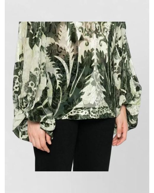 F.R.S For Restless Sleepers Green Silk Blouse Floral Print High Neck