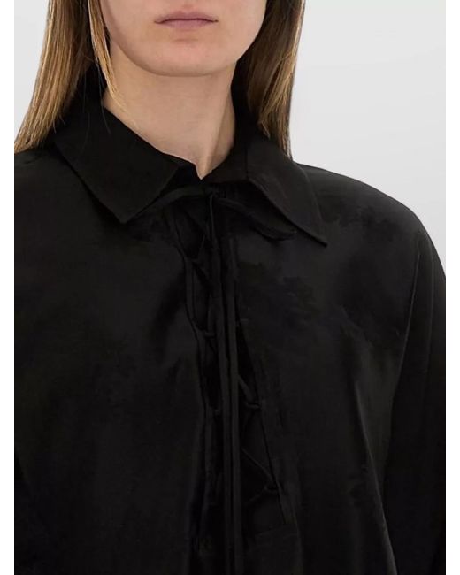 Ganni Black Jacquard Satin Shirt Collared Neck Floral