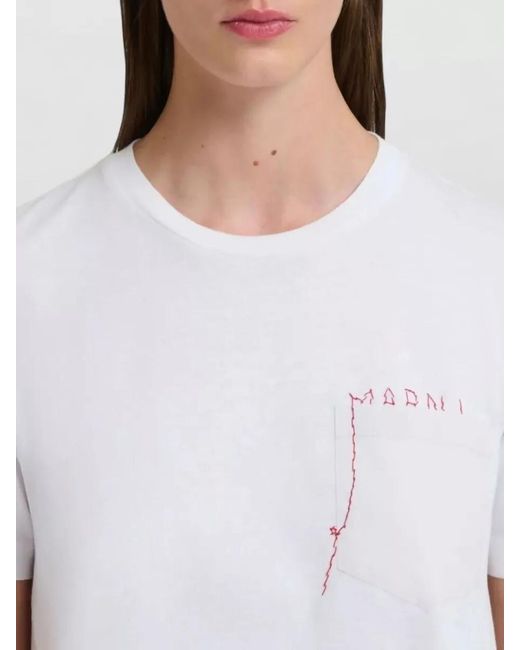 Marni White Cotton T Shirt Logo Embroidery Chest Pocket