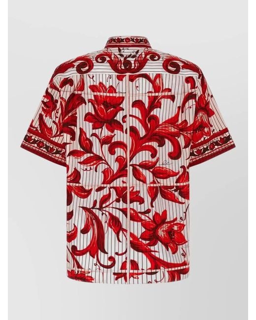 Dolce & Gabbana Red Maiolica Shirt Button Down Collar Floral Stripes for men