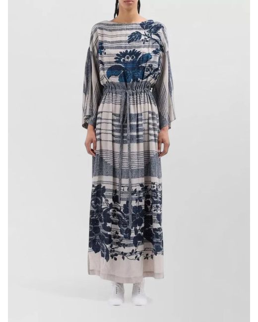 Pierre Louis Mascia Blue Silk Dress Belted Waist Floral Pattern