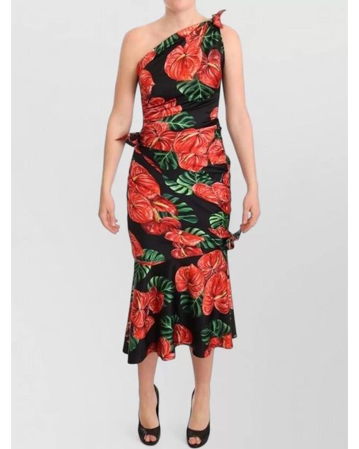 Dolce & Gabbana Red Silk Floral Print One-Shoulder Draped Midi Dress