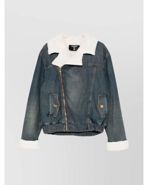 Balmain Blue Shearling Collar Cotton Blazer for men