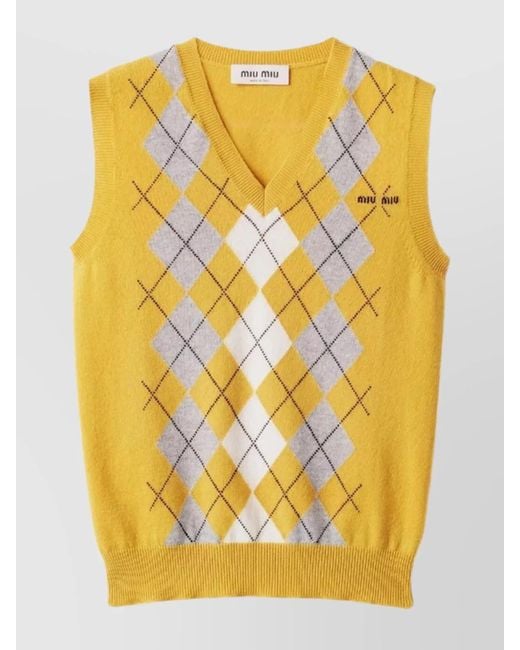 Miu Miu Yellow Cashmere Argyle Knitwear Sleeveless V-Neck