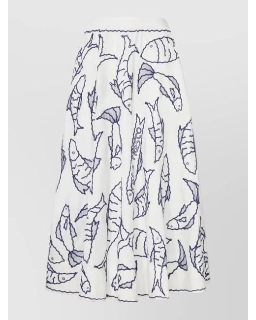 Farm Rio White Fresh Fish Embroidered Flared Midi Skirt