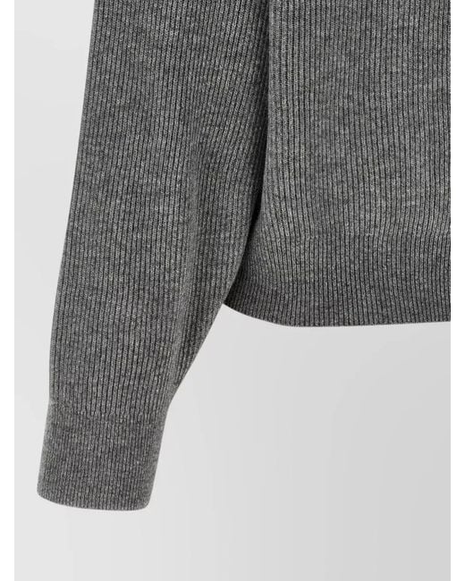 Brunello Cucinelli Gray Rib Knit Sweater Dropped Shoulders Collar Detail