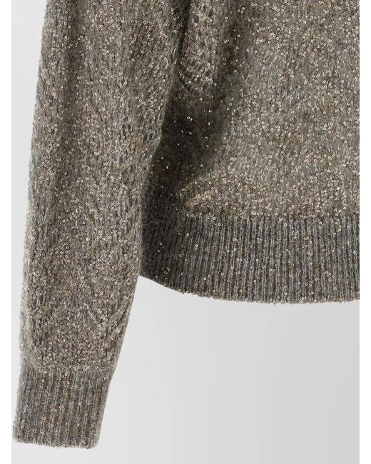Brunello Cucinelli Gray Abstract Leaf Sequin Mohair Turtleneck Sweater