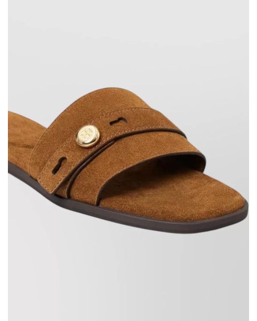 Tory Burch Brown Romy Suede Slide Sandal Button Strap